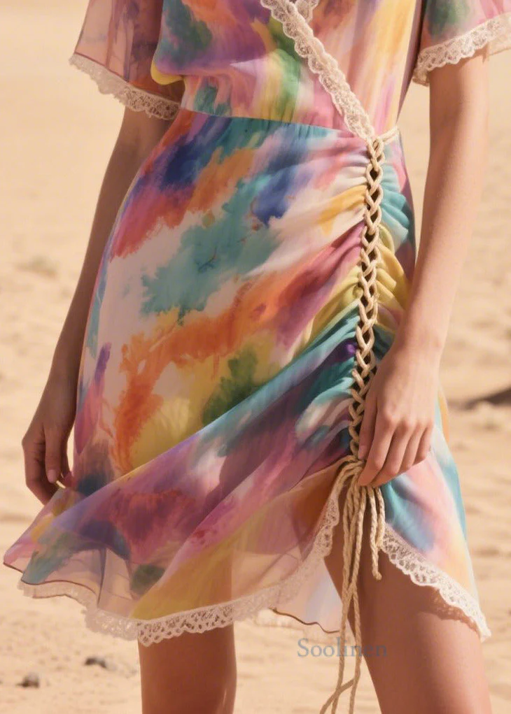 Italian Purple Print Cross Strap Chiffon Mini Dress Summer - Image 4
