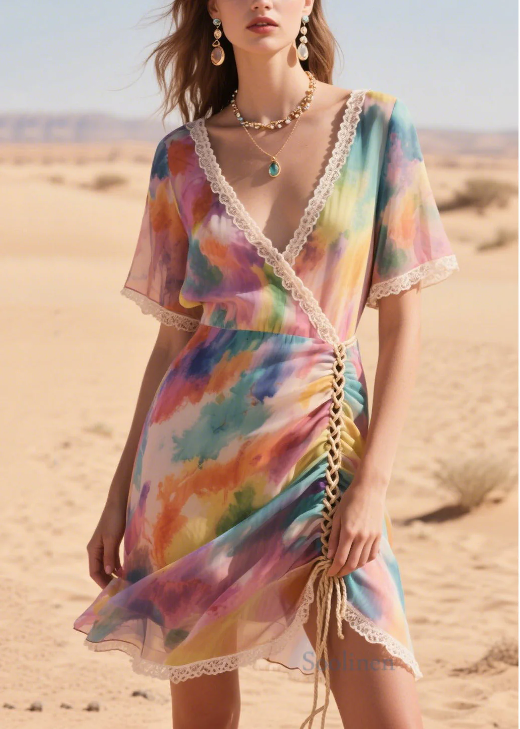 Italian Purple Print Cross Strap Chiffon Mini Dress Summer - Image 5