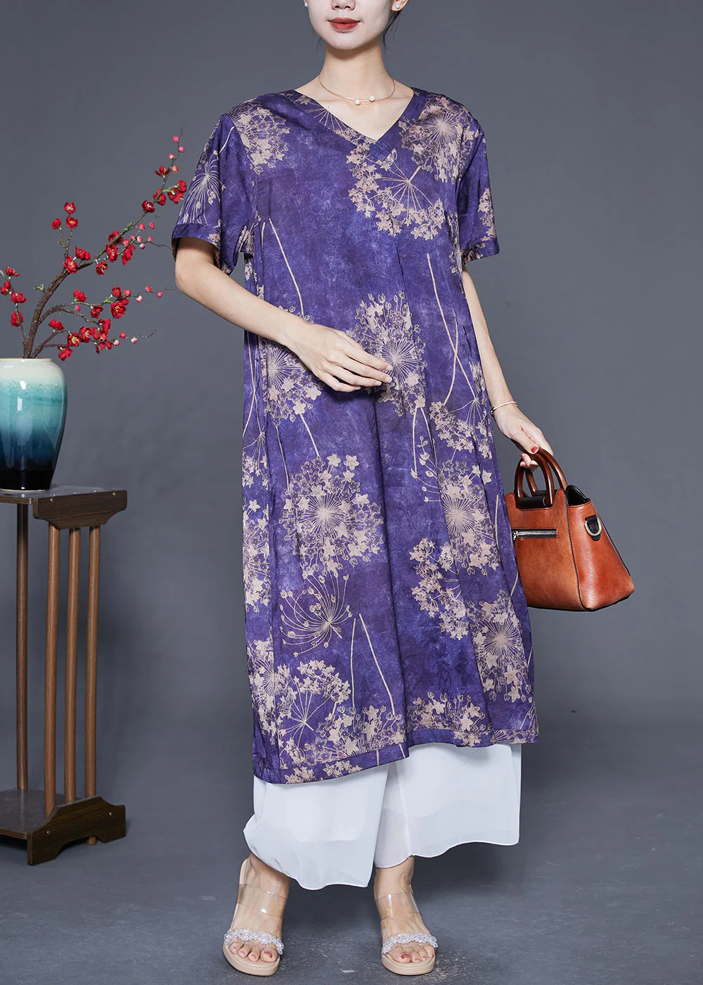 Italian Purple Print Khaki Tie Dye Wear On Both Sides Silk Vacation Dresses Summer - Image 2