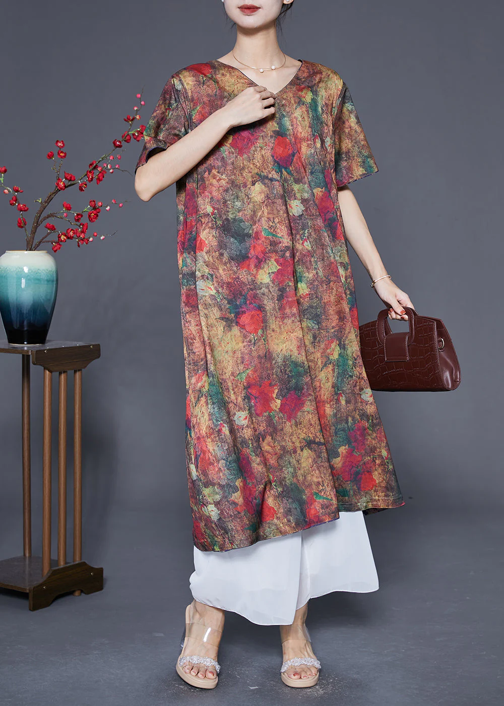 Italian Purple Print Khaki Tie Dye Wear On Both Sides Silk Vacation Dresses Summer - Image 5