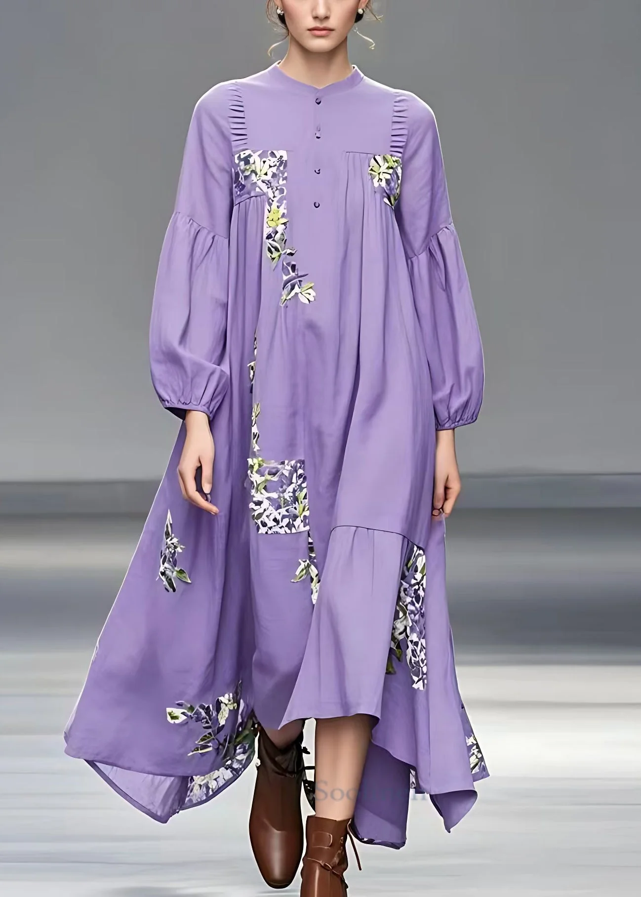Italian Purple Print Patchwork Cotton Long Dresses Fall - Image 2