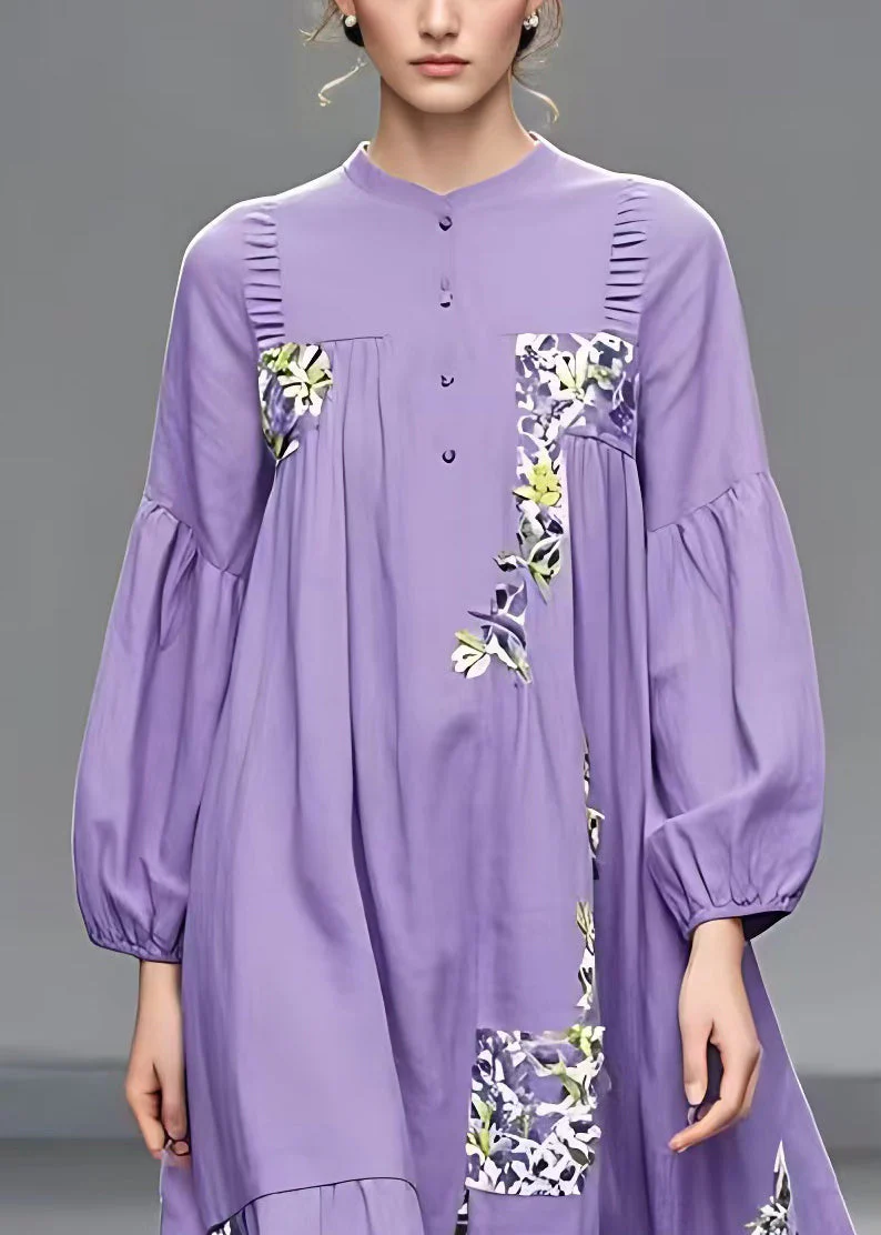 Italian Purple Print Patchwork Cotton Long Dresses Fall - Image 3