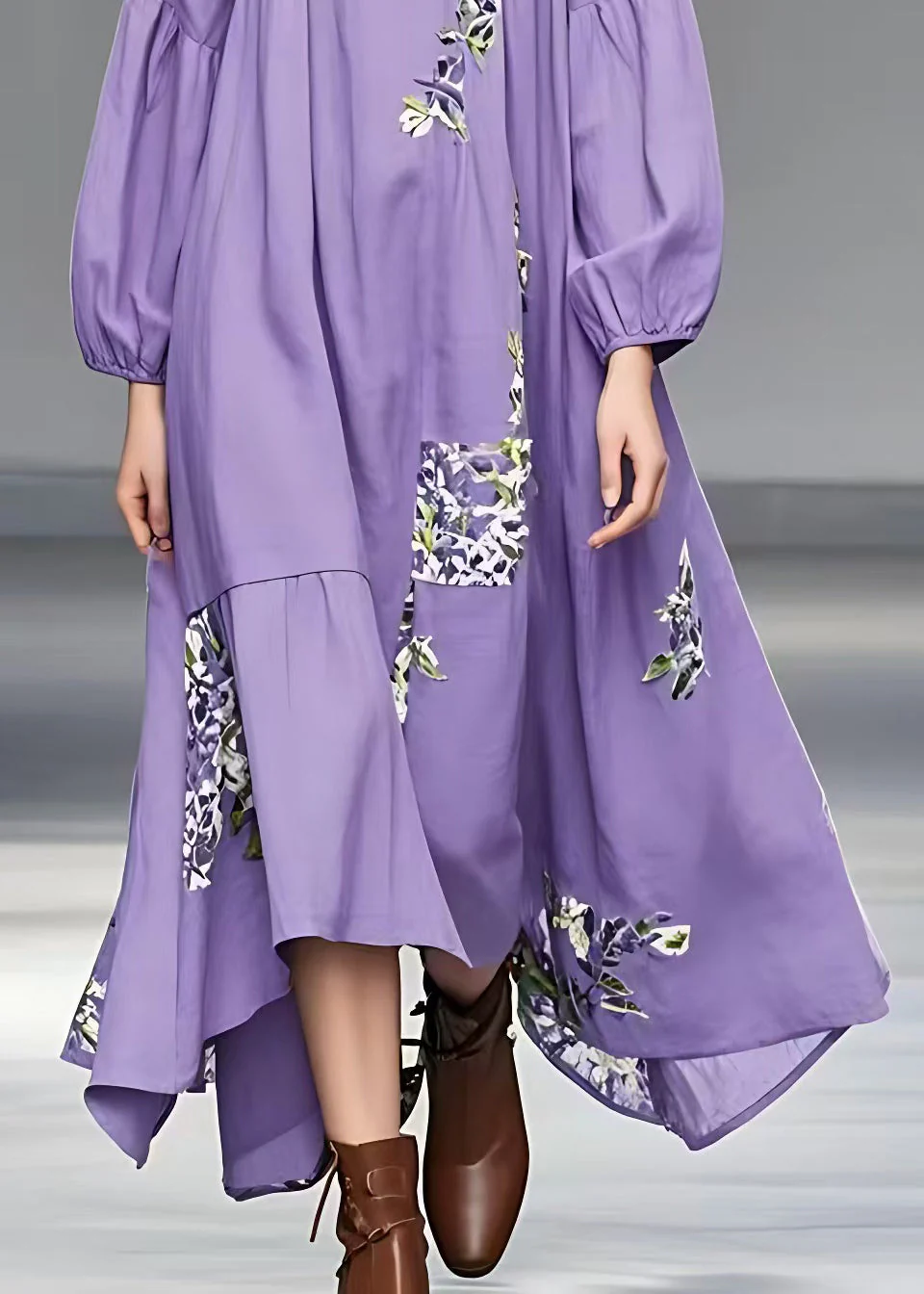 Italian Purple Print Patchwork Cotton Long Dresses Fall - Image 5