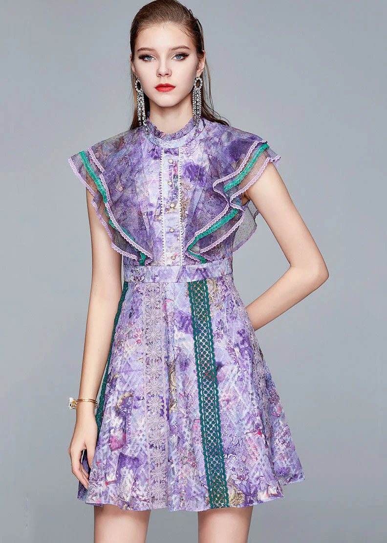 Italian Purple Ruffled Hollow Out Patchwork Lace Mid Dress Summer - Image 2