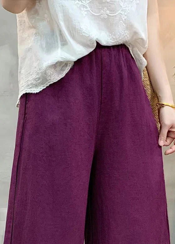 Italian Purple Ruffled Linen Straight Pants Summer - Image 3