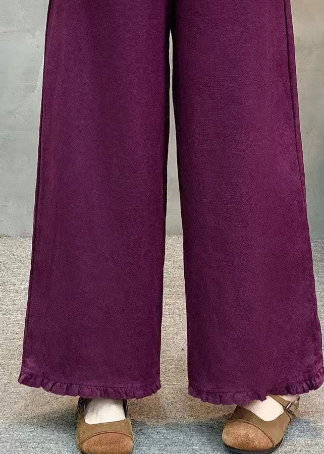 Italian Purple Ruffled Linen Straight Pants Summer - Image 4
