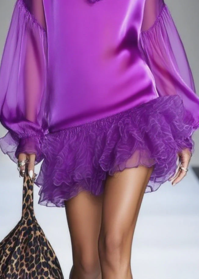 Italian Purple Ruffled Patchwork Chiffon Tea Dress Spring - Image 4