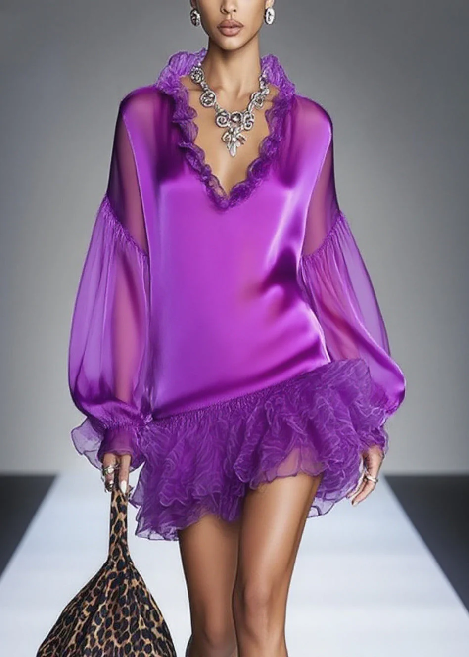 Italian Purple Ruffled Patchwork Chiffon Tea Dress Spring - Image 5