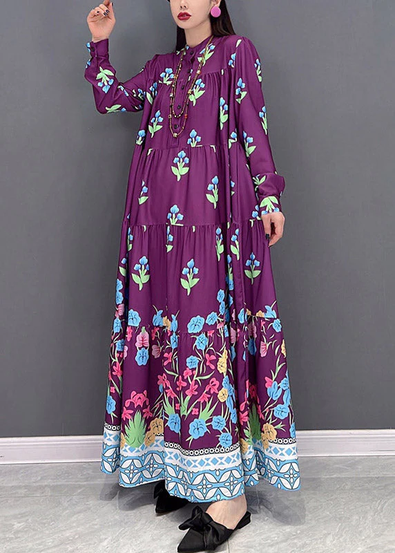 Italian Purple Stand Collar Button vacation Dresses Long Sleeve - Image 3