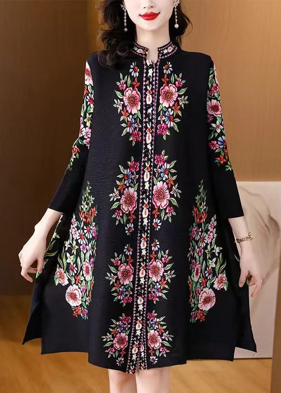 Italian Purple Stand Collar Print Wrinkled Cotton Mid Dress Spring - Image 2