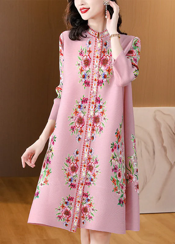 Italian Purple Stand Collar Print Wrinkled Cotton Mid Dress Spring - Image 4