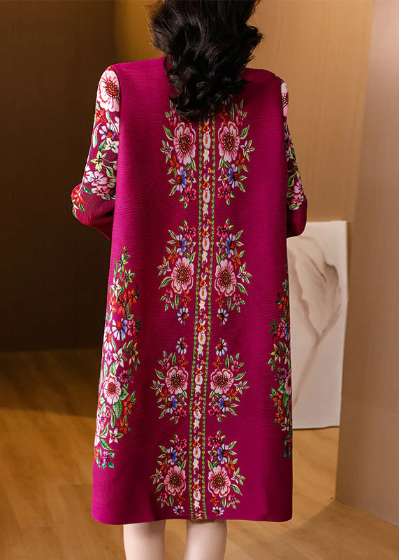 Italian Purple Stand Collar Print Wrinkled Cotton Mid Dress Spring - Image 5