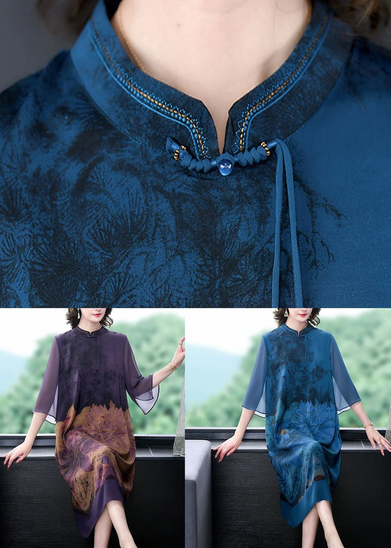 Italian Purple Stand Collar Tasseled Print Patchwork Silk Dress Summer - Image 5