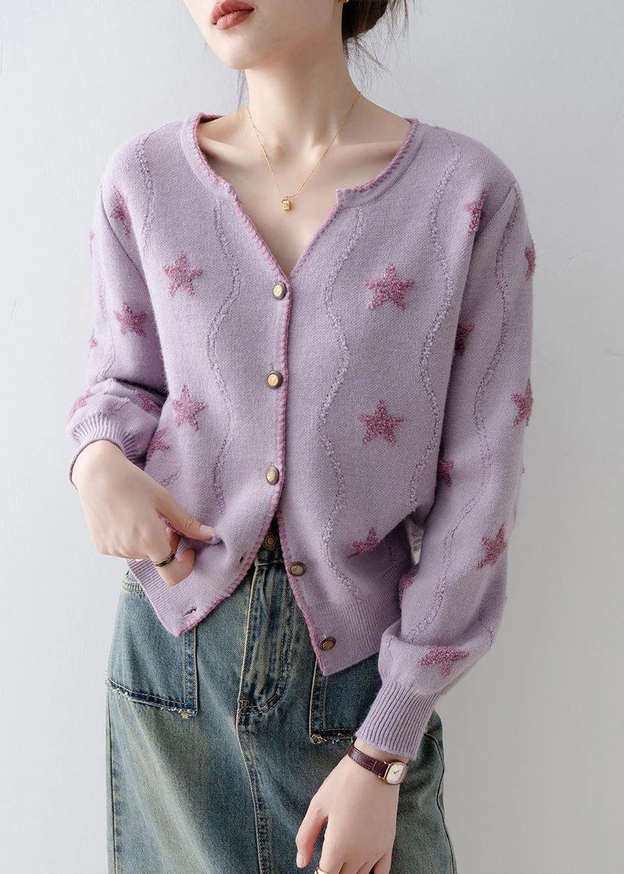 Italian Purple V Neck Button Knit Loose Coat Spring - Image 3