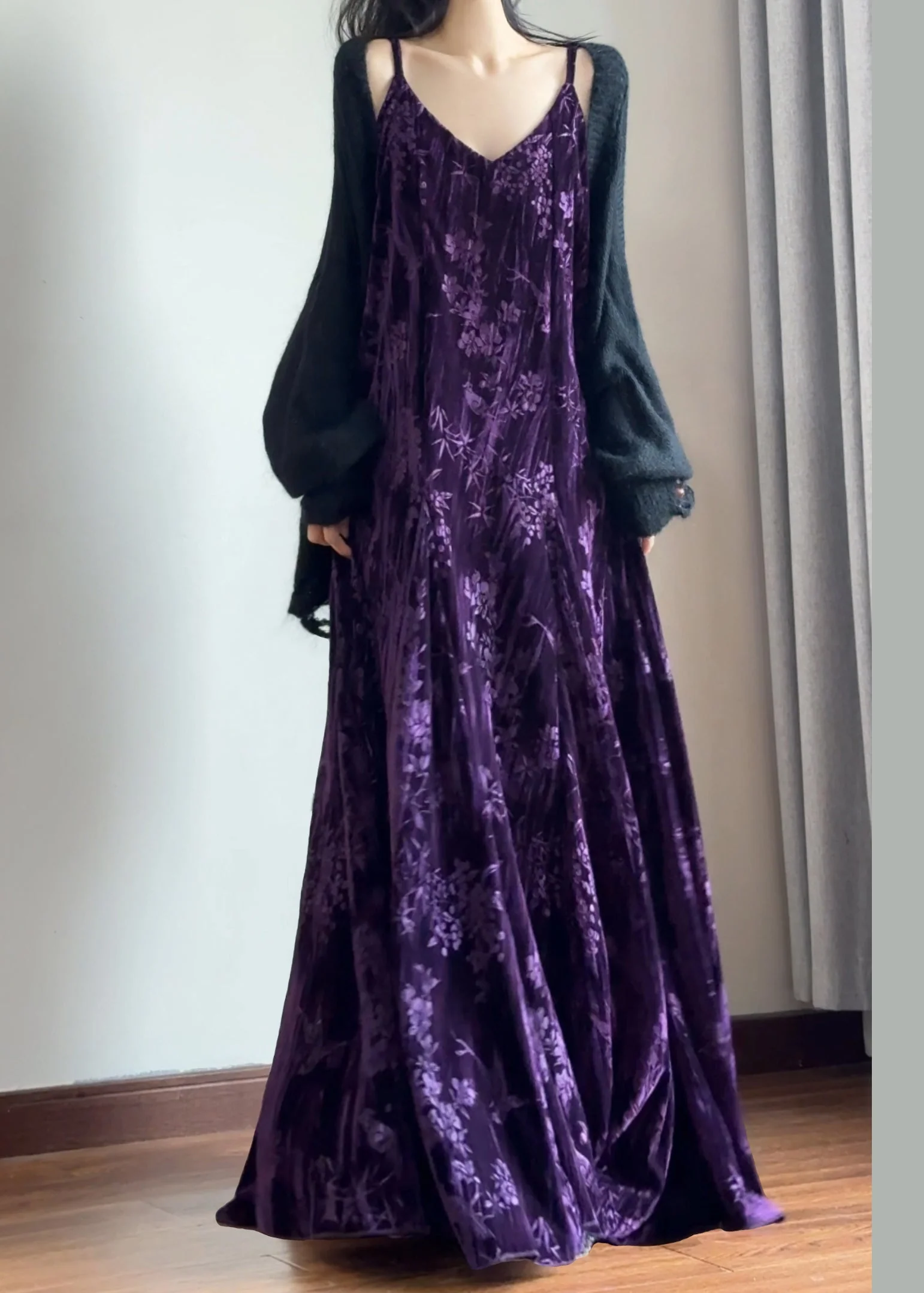 Italian Purple V Neck Jacquard Silk Velvet Spaghetti Strap Dress Sleeveless - Image 2