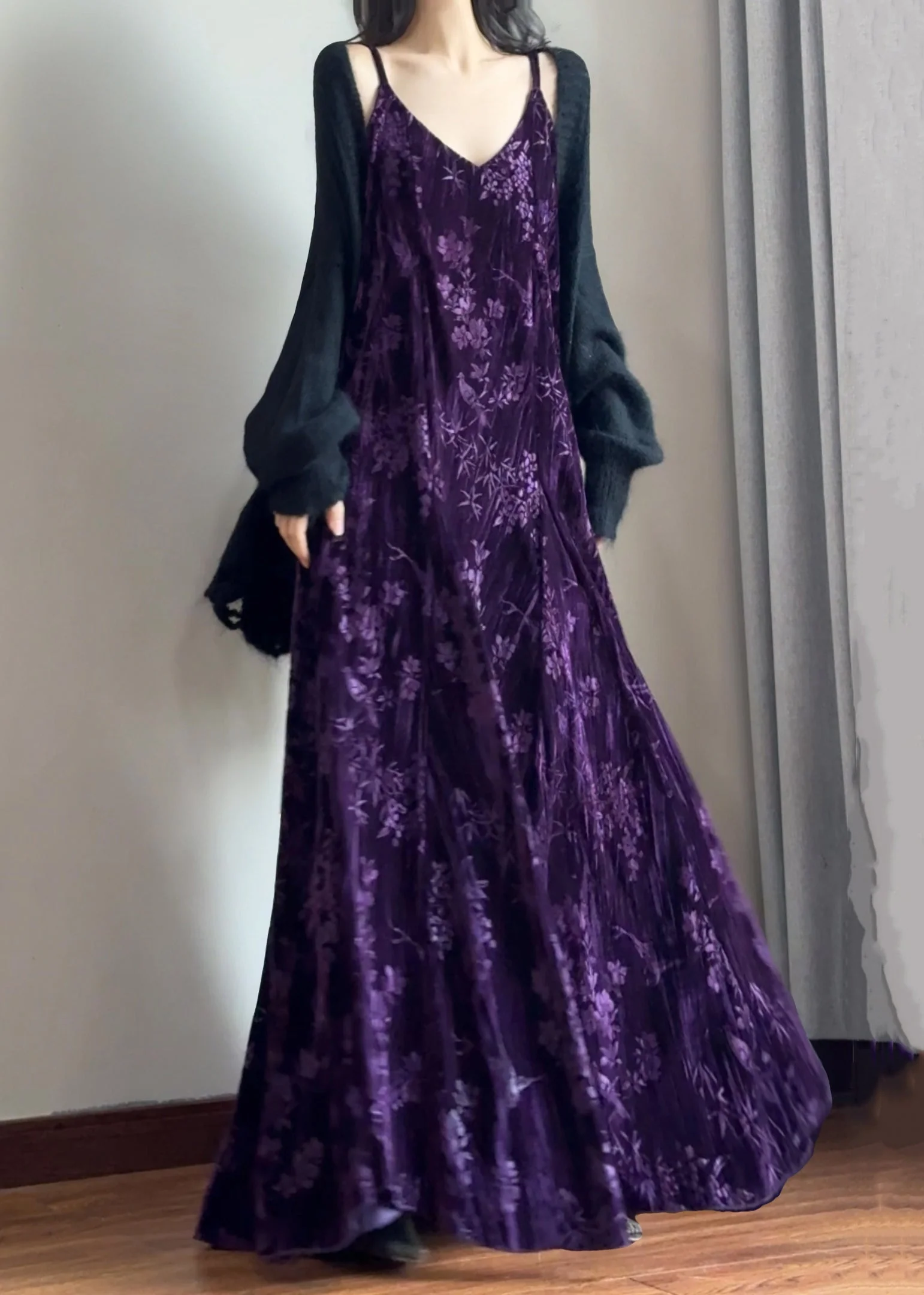Italian Purple V Neck Jacquard Silk Velvet Spaghetti Strap Dress Sleeveless - Image 3