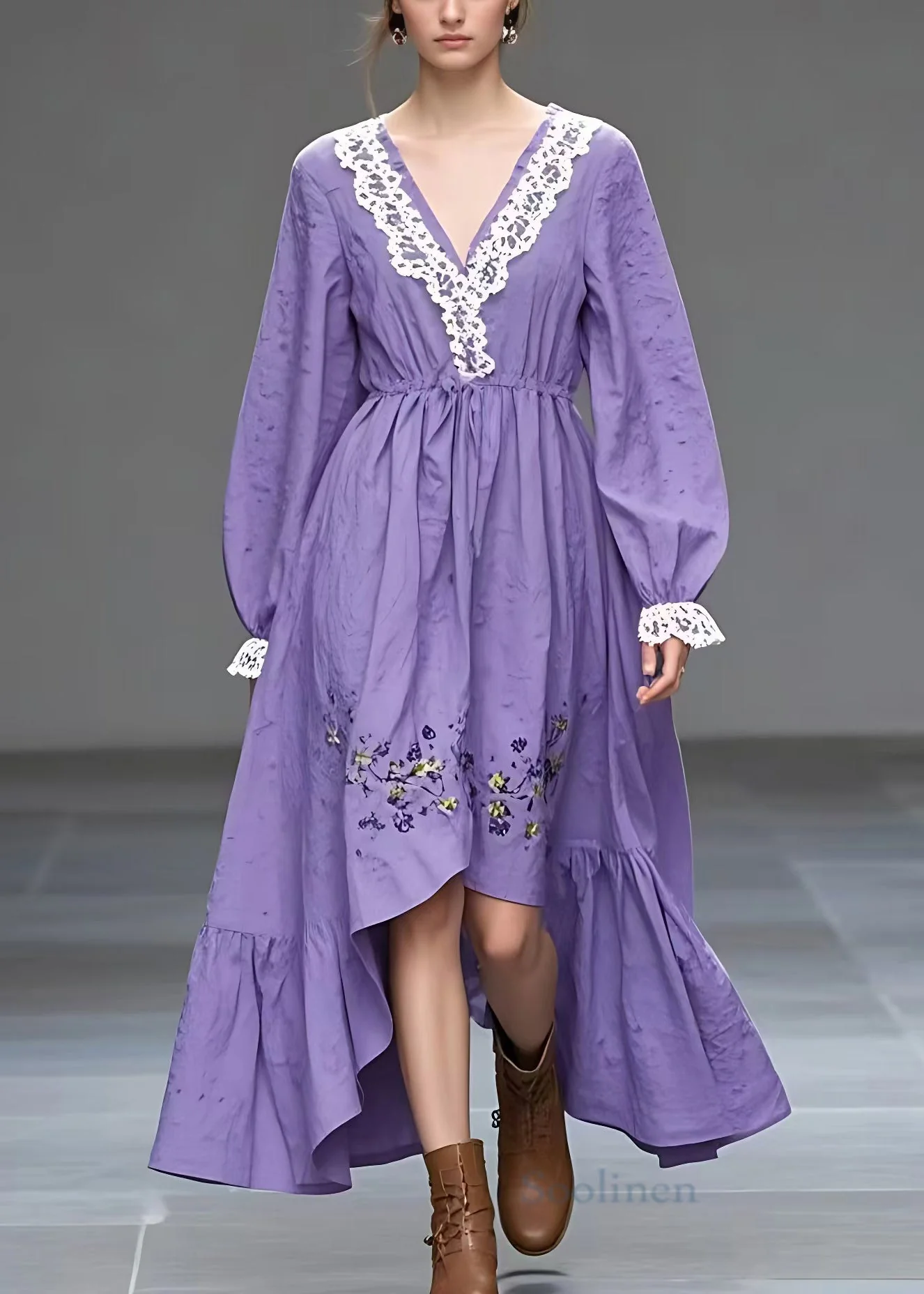 Italian Purple V Neck Print High Waist Cotton Dress Long Sleeve