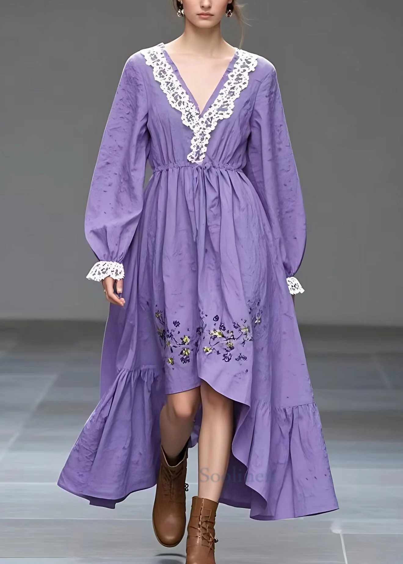 Italian Purple V Neck Print High Waist Cotton Dress Long Sleeve - Image 2