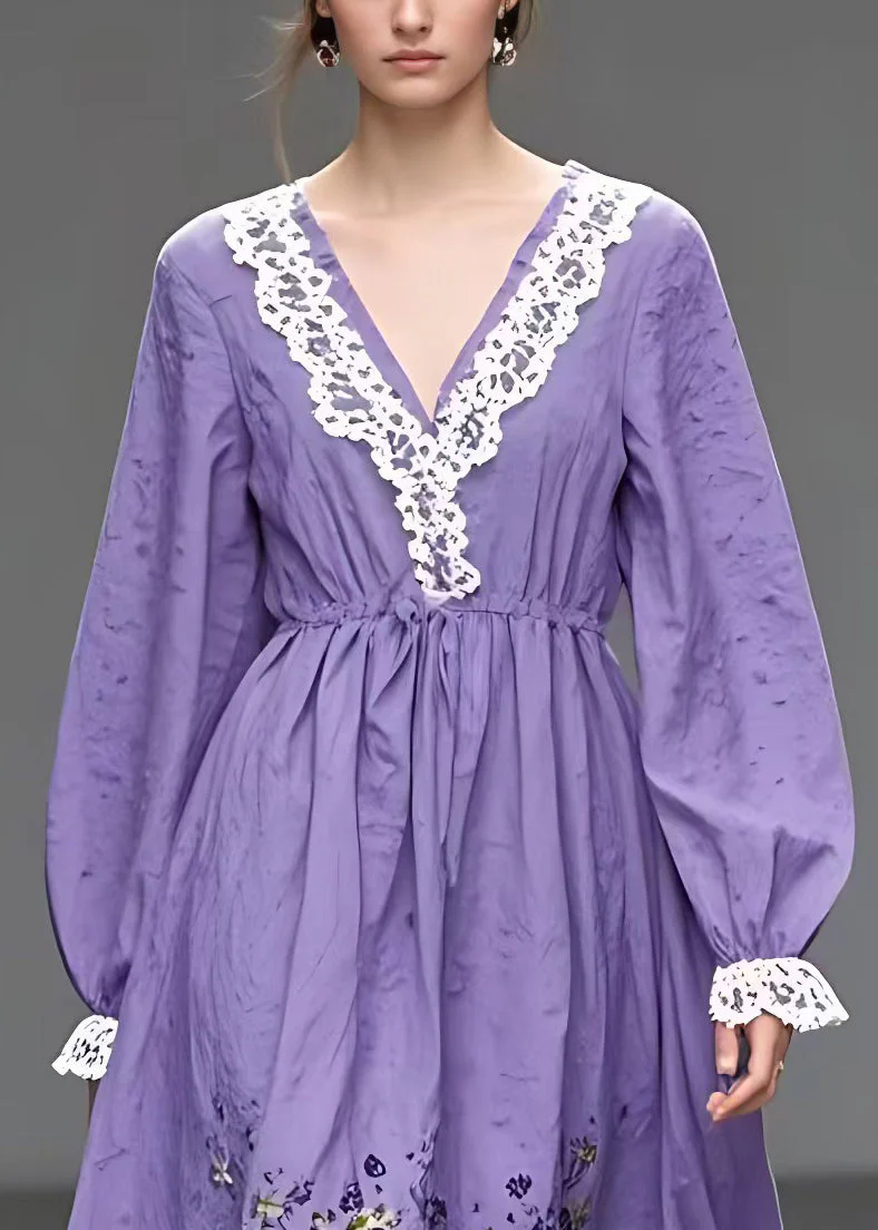 Italian Purple V Neck Print High Waist Cotton Dress Long Sleeve - Image 3