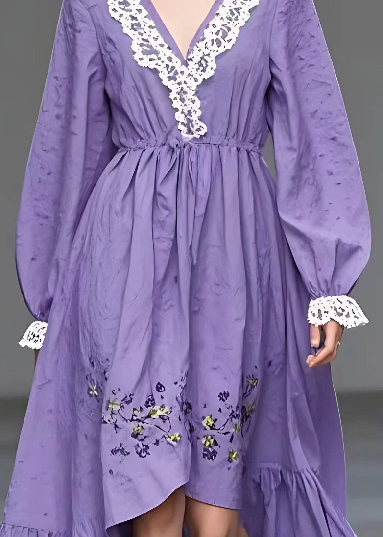 Italian Purple V Neck Print High Waist Cotton Dress Long Sleeve - Image 4