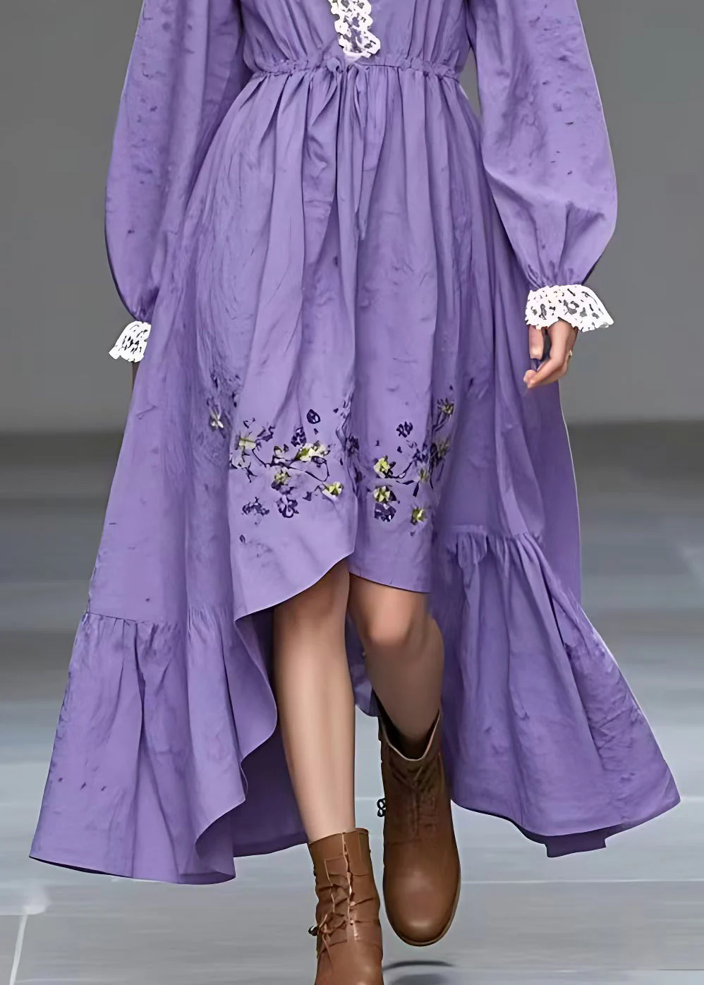 Italian Purple V Neck Print High Waist Cotton Dress Long Sleeve - Image 5