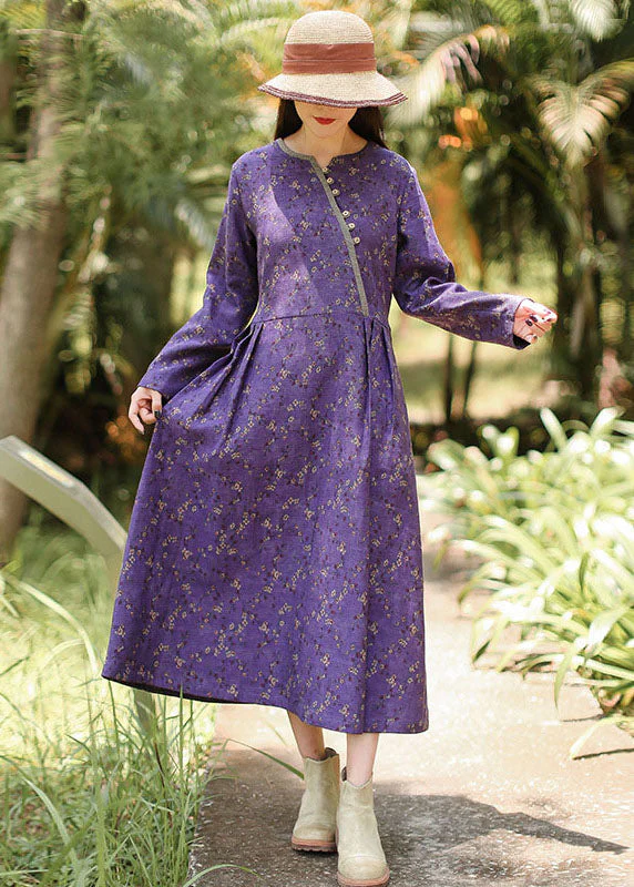Italian Purple V Neck Print Maxi Dresses Long Sleeve - Image 2