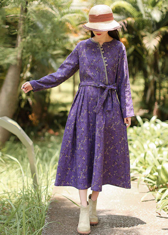 Italian Purple V Neck Print Maxi Dresses Long Sleeve - Image 3