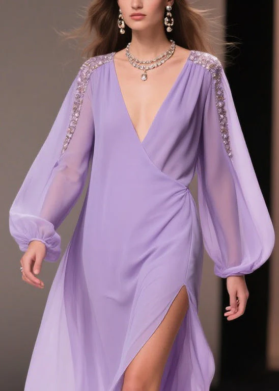 Italian Purple Wrinkled Side Open Solid Chiffon Long Dresses Spring - Image 2