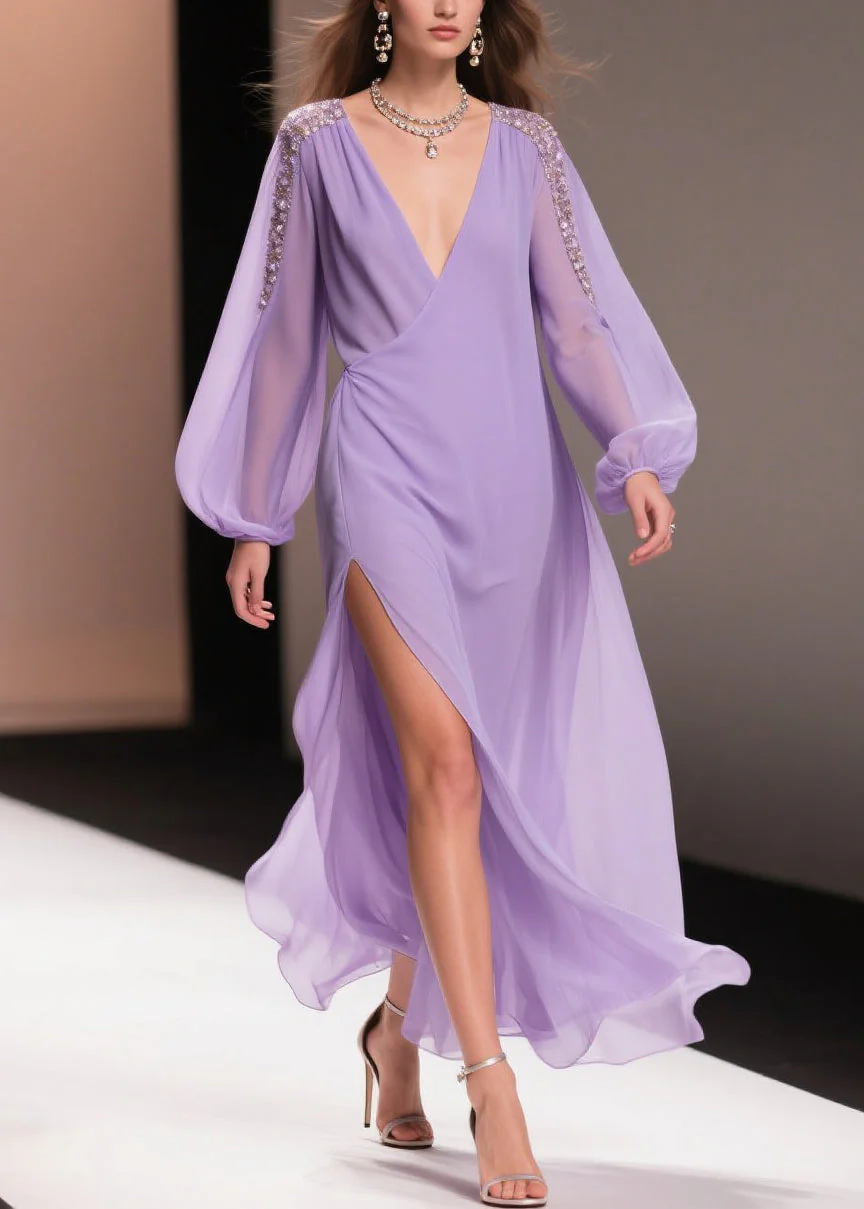 Italian Purple Wrinkled Side Open Solid Chiffon Long Dresses Spring - Image 3