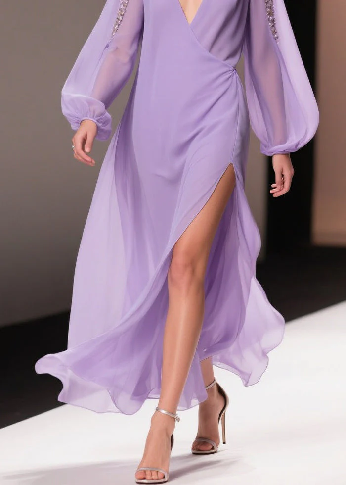 Italian Purple Wrinkled Side Open Solid Chiffon Long Dresses Spring - Image 4