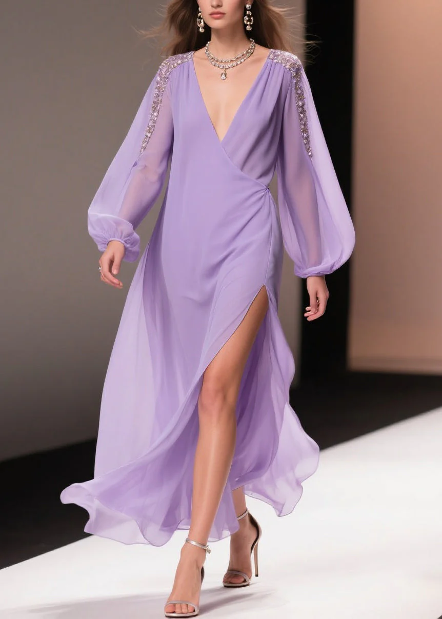 Italian Purple Wrinkled Side Open Solid Chiffon Long Dresses Spring - Image 5