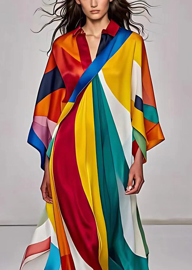 Italian Rainbow Asymmetrical Print Silk Dress Long Sleeve - Image 2