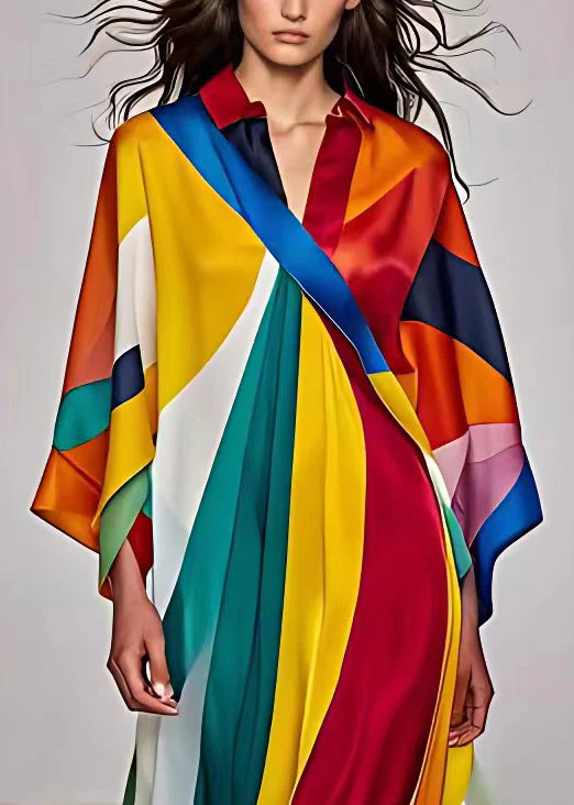 Italian Rainbow Asymmetrical Print Silk Dress Long Sleeve - Image 3