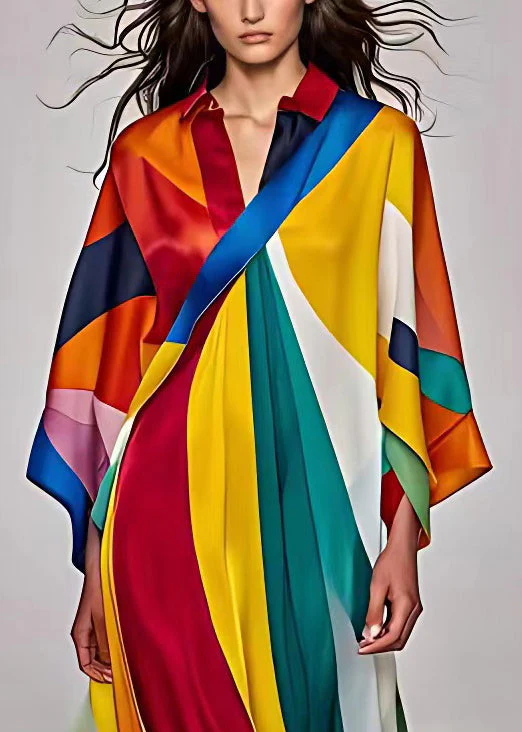 Italian Rainbow Asymmetrical Print Silk Dress Long Sleeve - Image 4