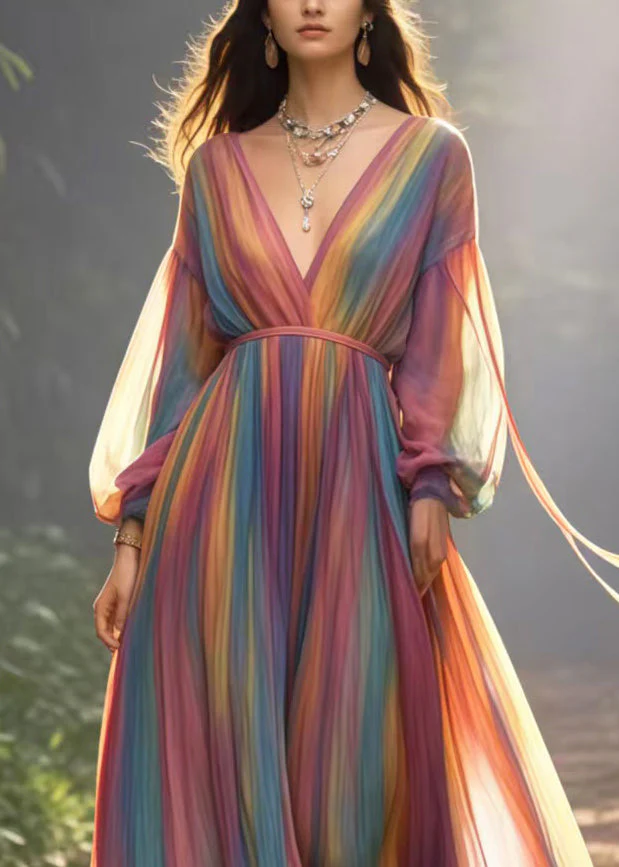 Italian Rainbow V Neck Tie Dye Chiffon Holiday Dresses Spring - Image 2