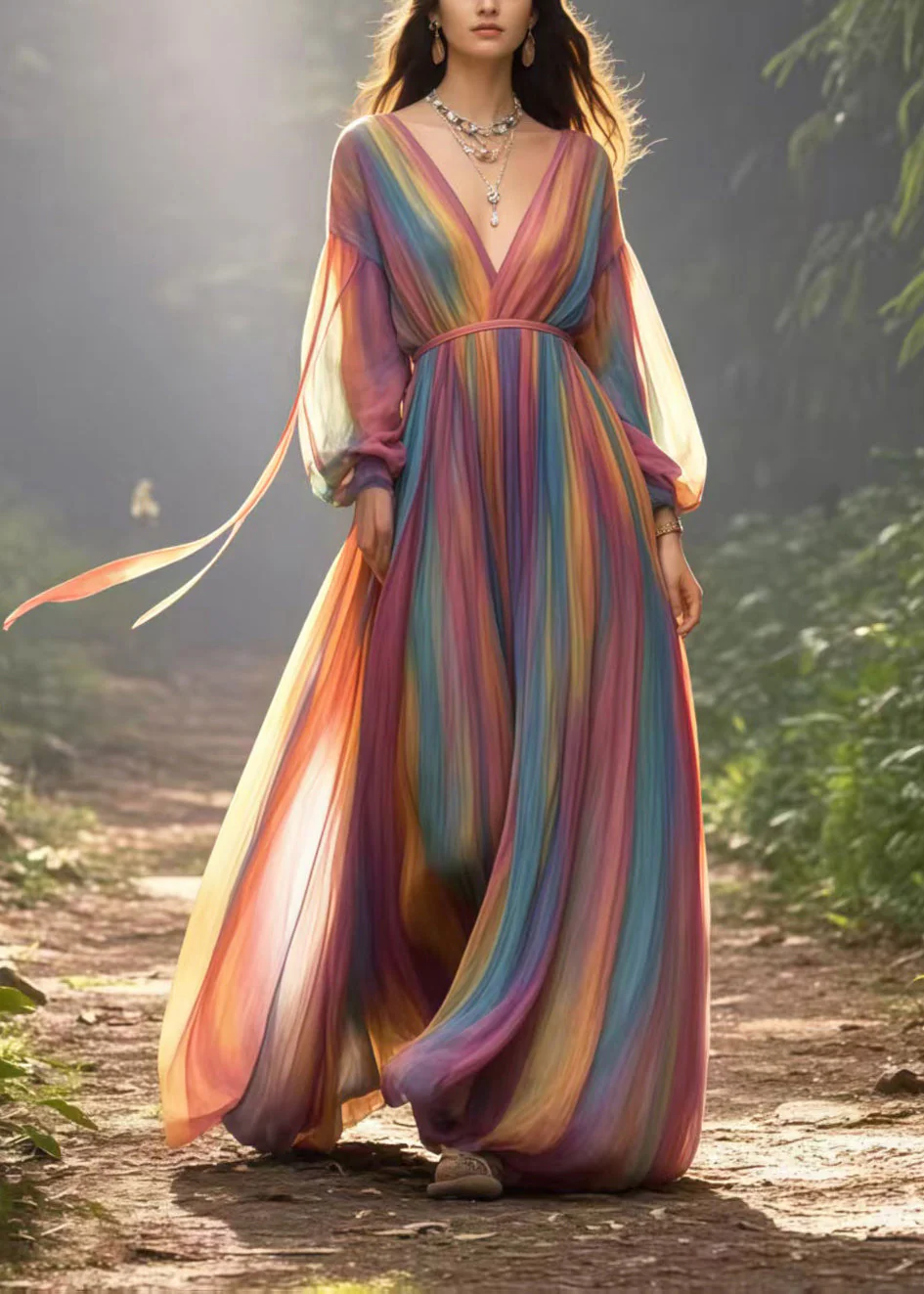 Italian Rainbow V Neck Tie Dye Chiffon Holiday Dresses Spring - Image 3