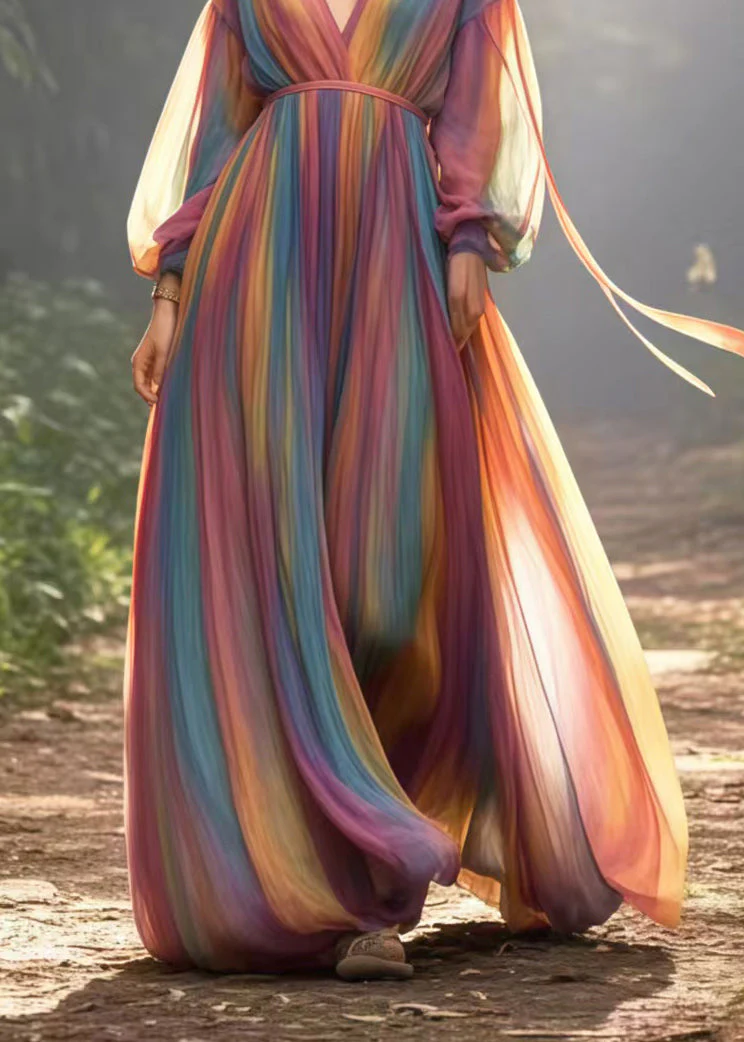 Italian Rainbow V Neck Tie Dye Chiffon Holiday Dresses Spring - Image 4