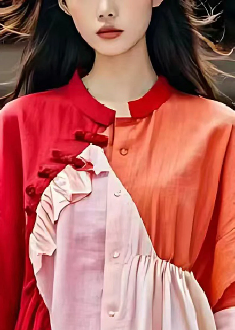 Italian Red Asymmetrical Patchwork Wrinkled Linen Shirt Dress Summer - Image 3