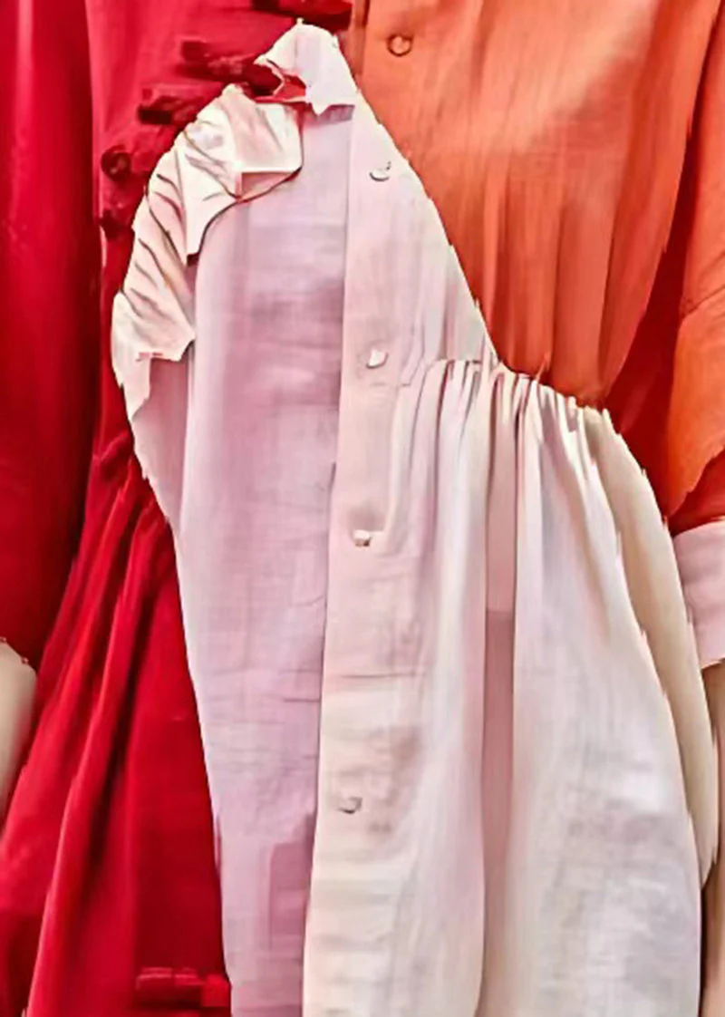 Italian Red Asymmetrical Patchwork Wrinkled Linen Shirt Dress Summer - Image 4