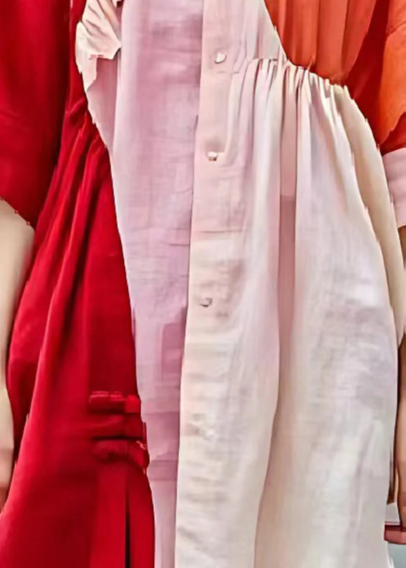 Italian Red Asymmetrical Patchwork Wrinkled Linen Shirt Dress Summer - Image 5