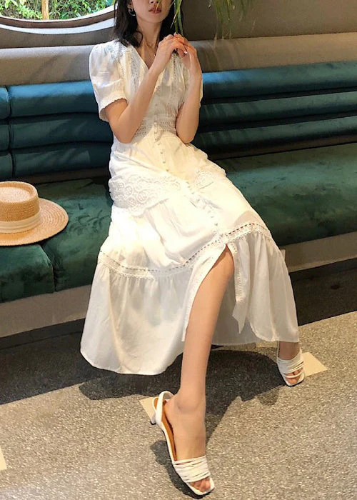 Italian Red Button Lace Hollow Out Cotton Shirts Dress Summer - Image 2