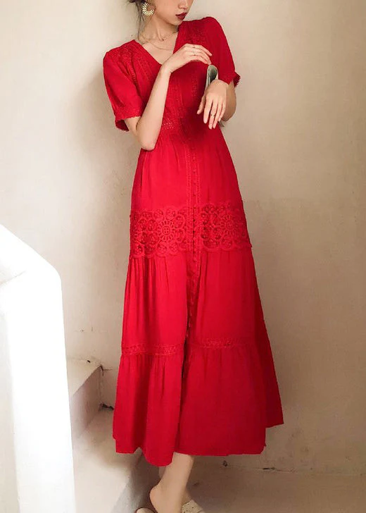 Italian Red Button Lace Hollow Out Cotton Shirts Dress Summer - Image 3