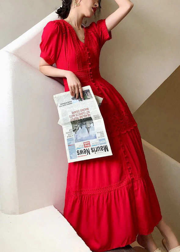 Italian Red Button Lace Hollow Out Cotton Shirts Dress Summer - Image 4