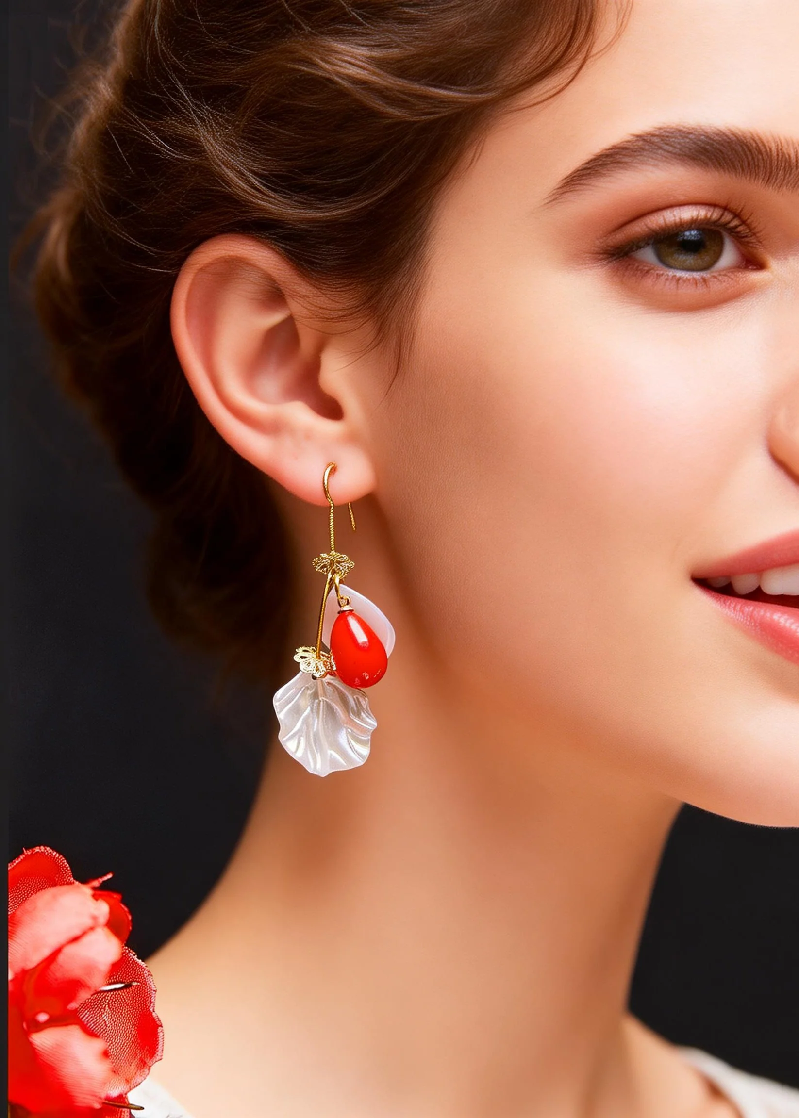 Italian Red Droplet Shape Coral And Shell Drop Earrings - Image 2