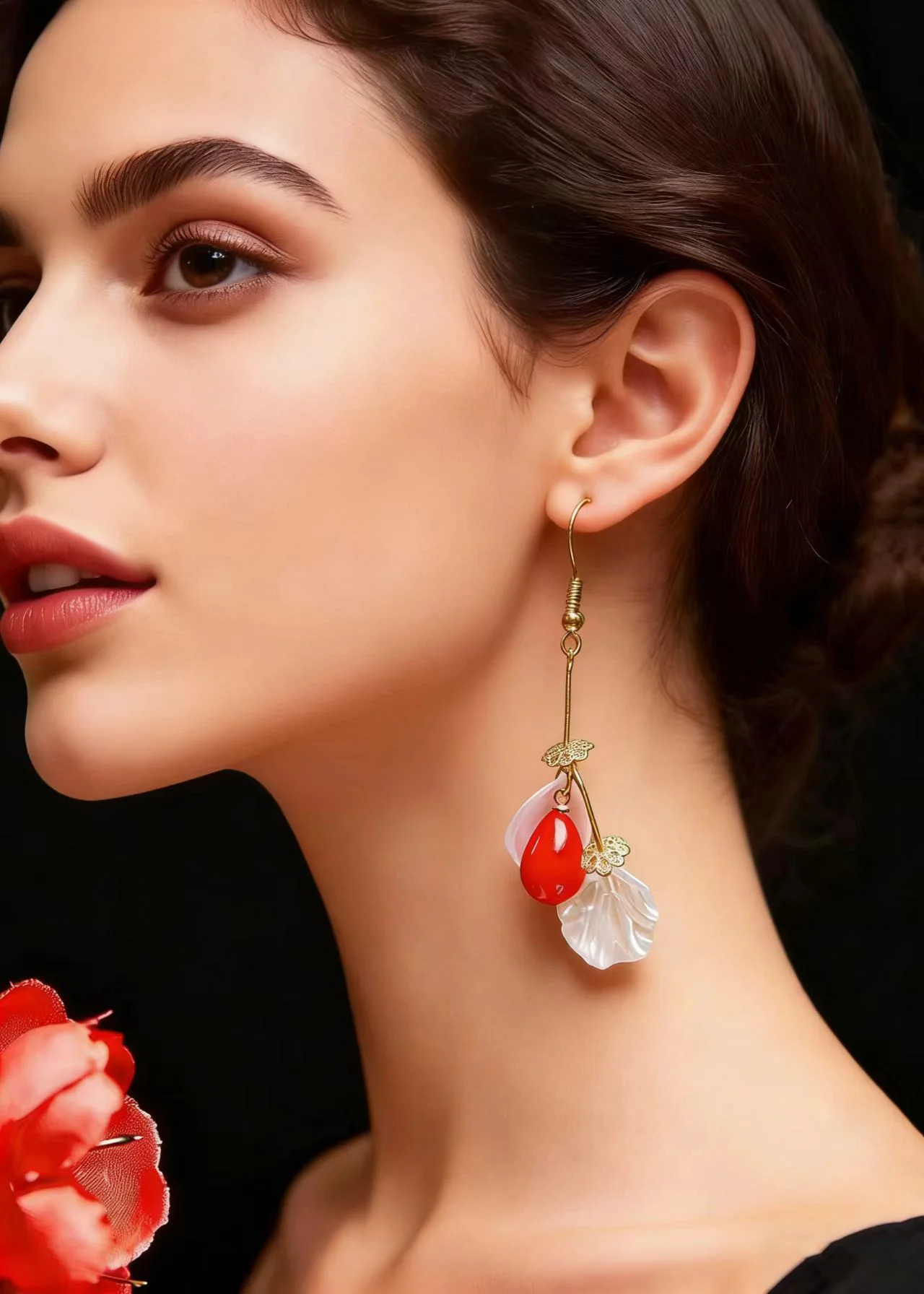 Italian Red Droplet Shape Coral And Shell Drop Earrings - Image 4
