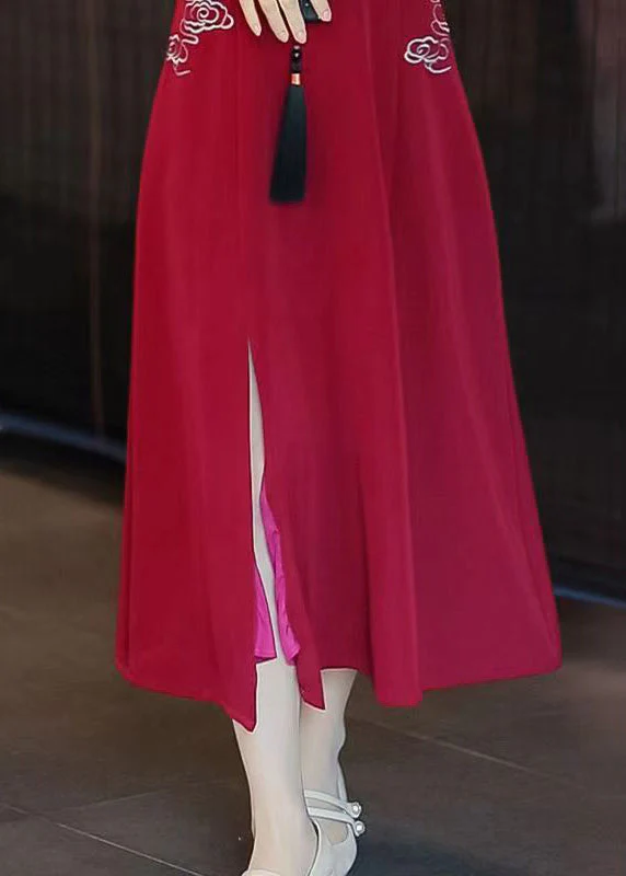 Italian Red Embroidered Button Side Open Silk Long Dresses Fall - Image 5