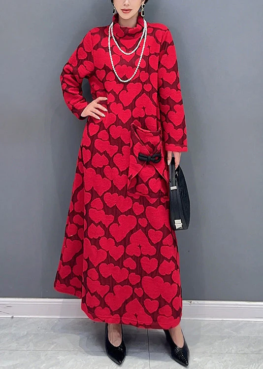Italian Red Hign Neck Jacquard Patchwork Cotton Dresses Fall - Image 3