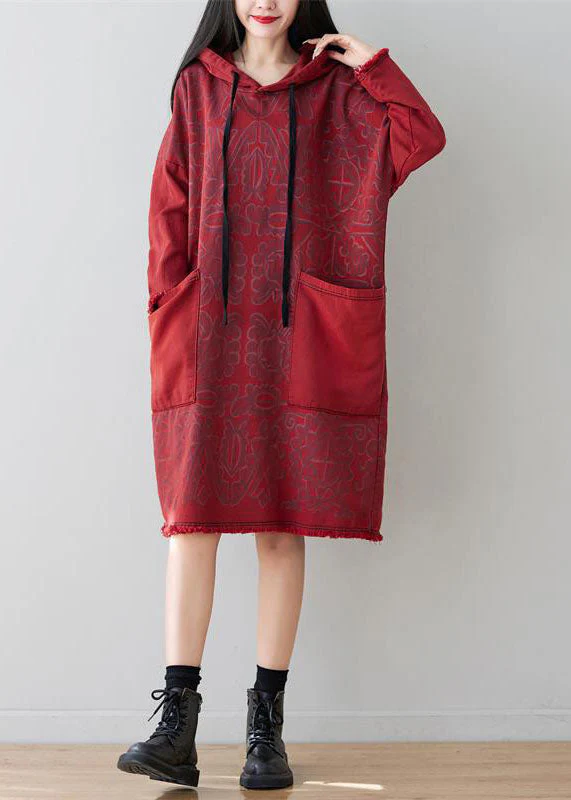 Italian Red Hooded Patchwork Denim Mid Dress Spring - Image 2