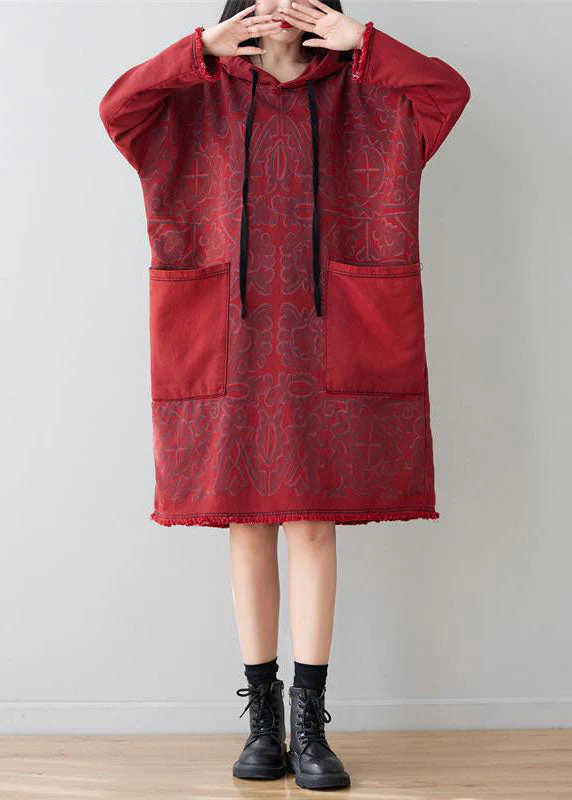 Italian Red Hooded Patchwork Denim Mid Dress Spring - Image 3