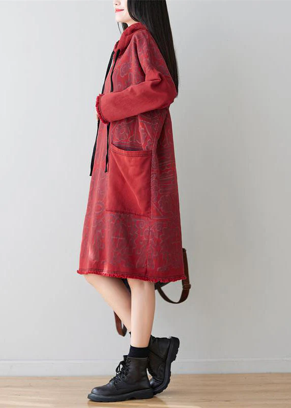 Italian Red Hooded Patchwork Denim Mid Dress Spring - Image 4